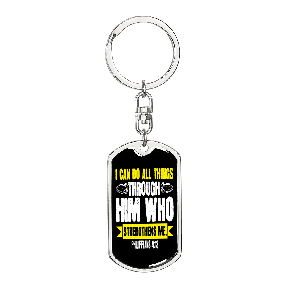 He Strengthens Me White Philippians 4:13 Keychain Stainless Steel or 18k Gold Dog Tag Keyring-Express Your Love Gifts