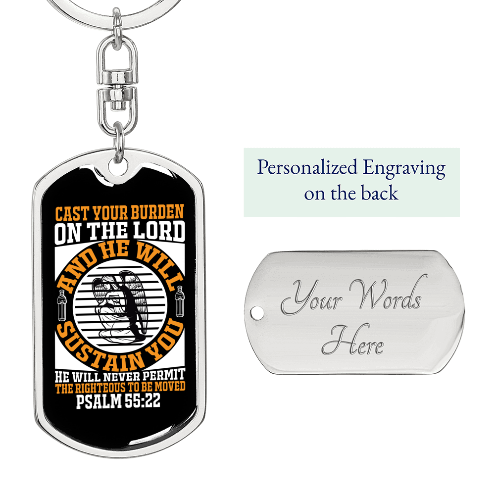 He Will Sustain Psalm 55:22 Keychain Stainless Steel or 18k Gold Dog Tag Keyring-Express Your Love Gifts