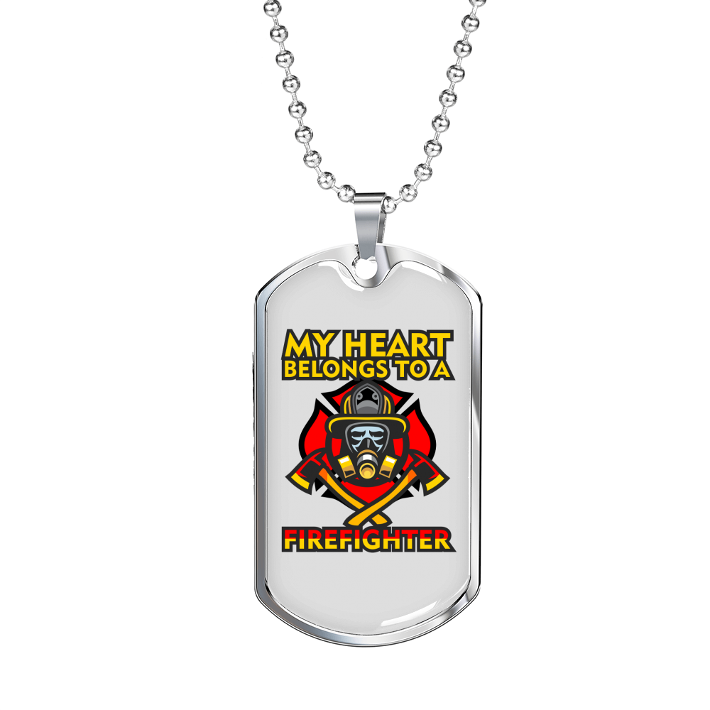 Heart Belongs To Firefighter Gift Stainless Steel or 18k Gold Dog Tag 24" Chain-Express Your Love Gifts