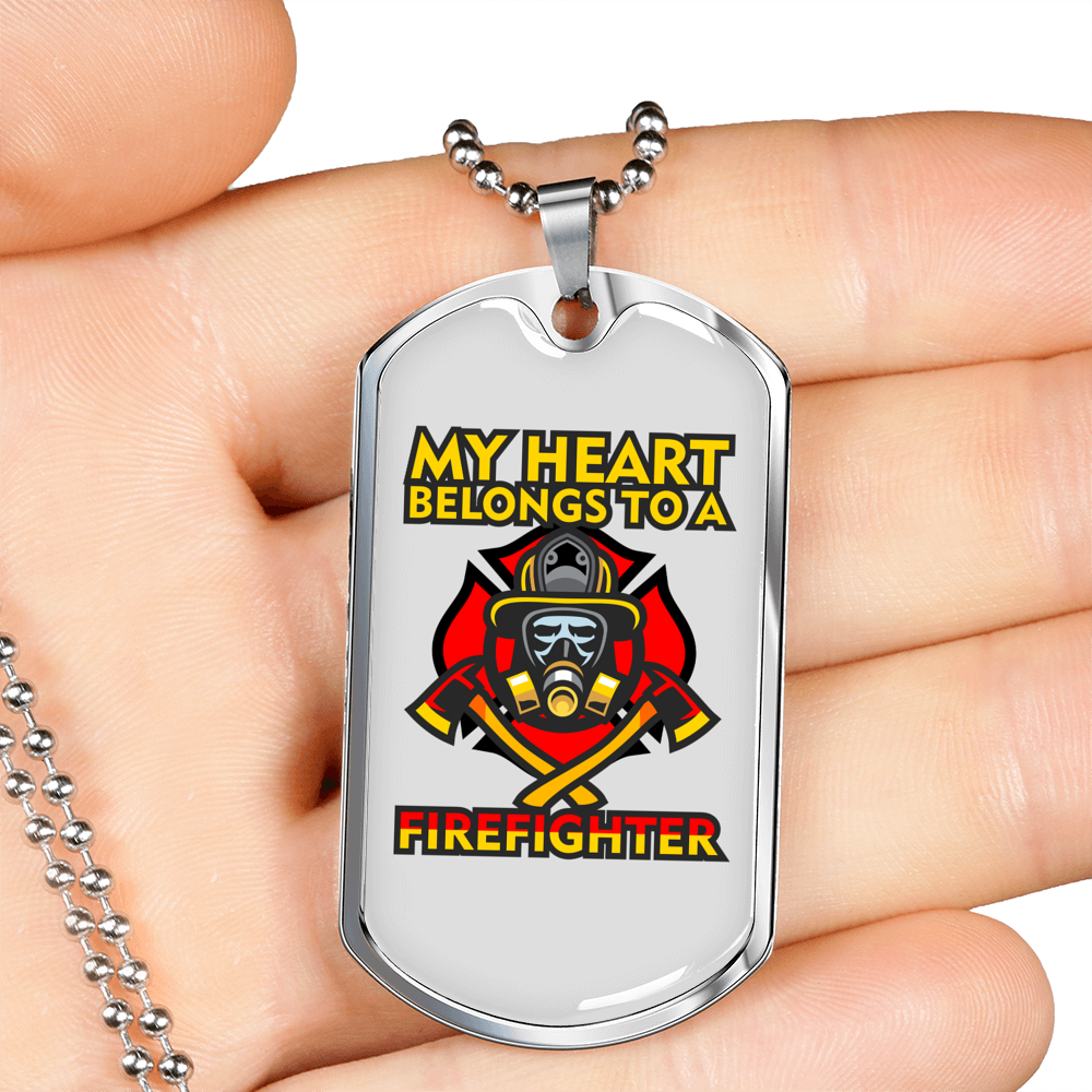 Heart Belongs To Firefighter Gift Stainless Steel or 18k Gold Dog Tag 24" Chain-Express Your Love Gifts