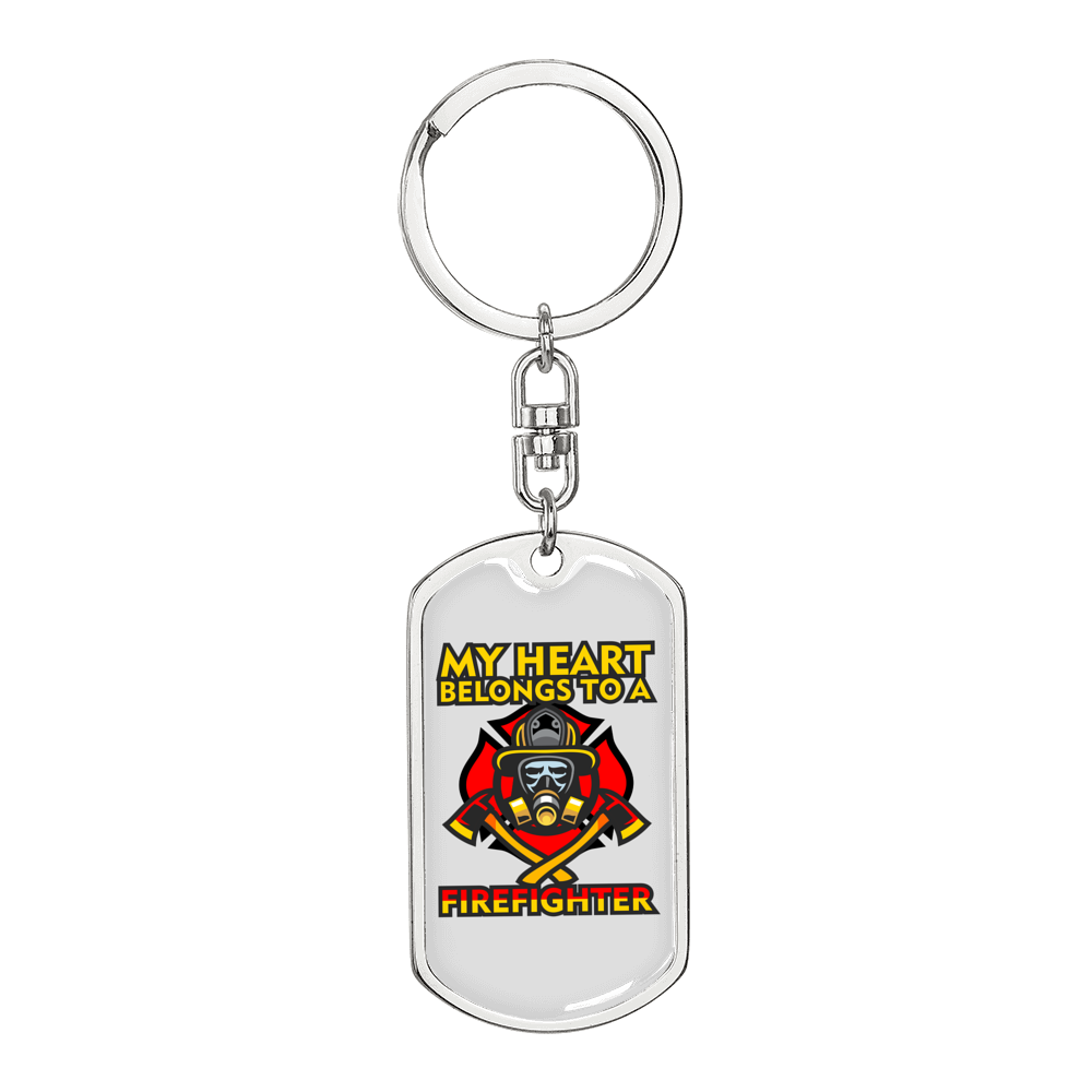 Heart Belongs To Firefighter Keychain Stainless Steel or 18k Gold Dog Tag Keyring-Express Your Love Gifts