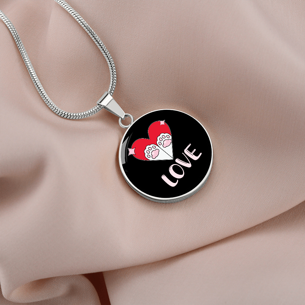 Heart Paws Love Cat Circle Necklace Stainless Steel or 18k Gold 18-22"-Express Your Love Gifts