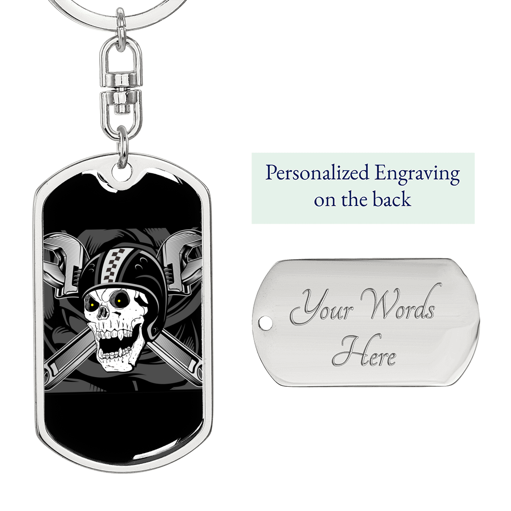 Helmet Skull Biker Keychain Stainless Steel or 18k Gold Dog Tag Keyring-Express Your Love Gifts