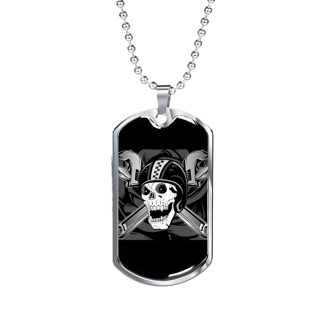 Helmet Skull Biker Necklace Stainless Steel or 18k Gold Dog Tag 24"-Express Your Love Gifts