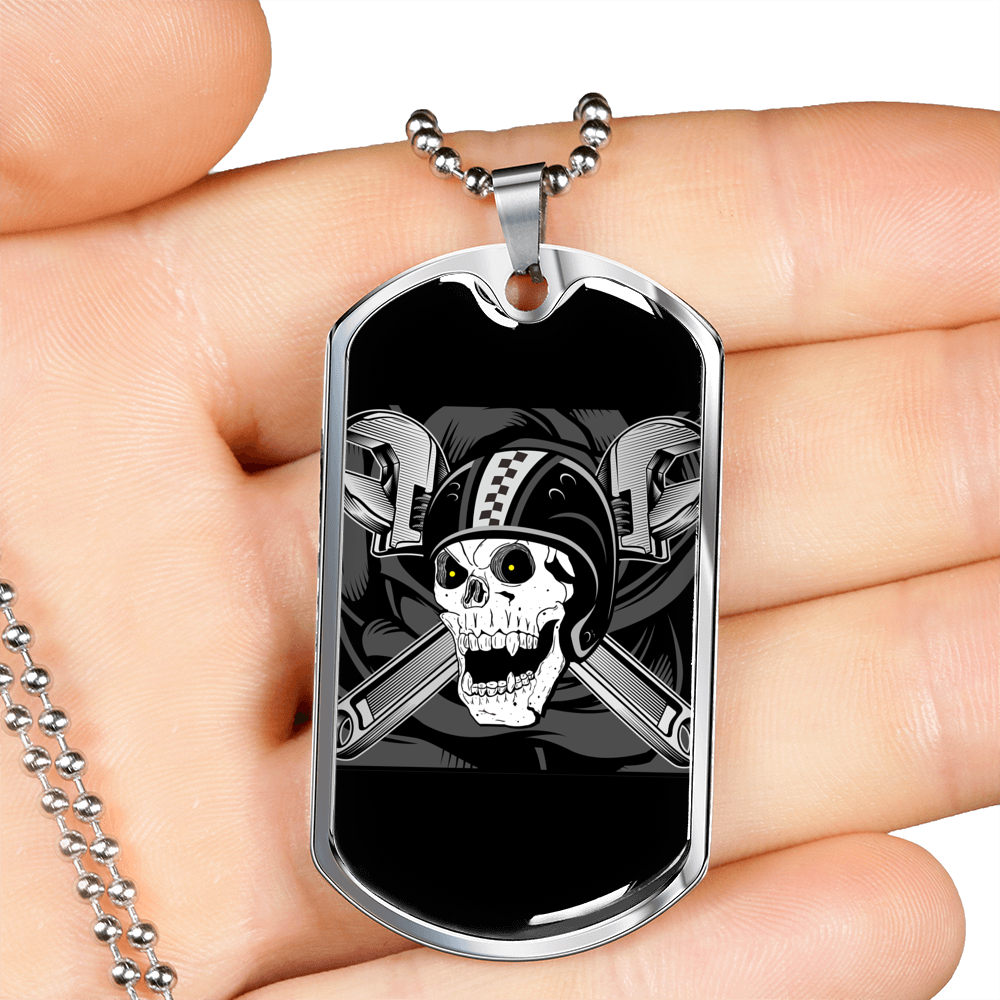 Helmet Skull Biker Necklace Stainless Steel or 18k Gold Dog Tag 24"-Express Your Love Gifts