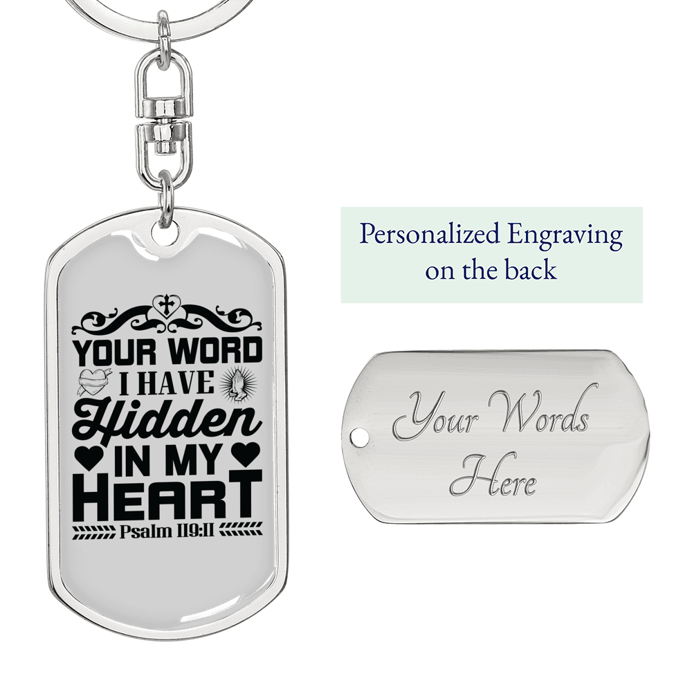 Hidden In My Heart Psalm 119:11 Keychain Stainless Steel or 18k Gold Dog Tag Keyring-Express Your Love Gifts