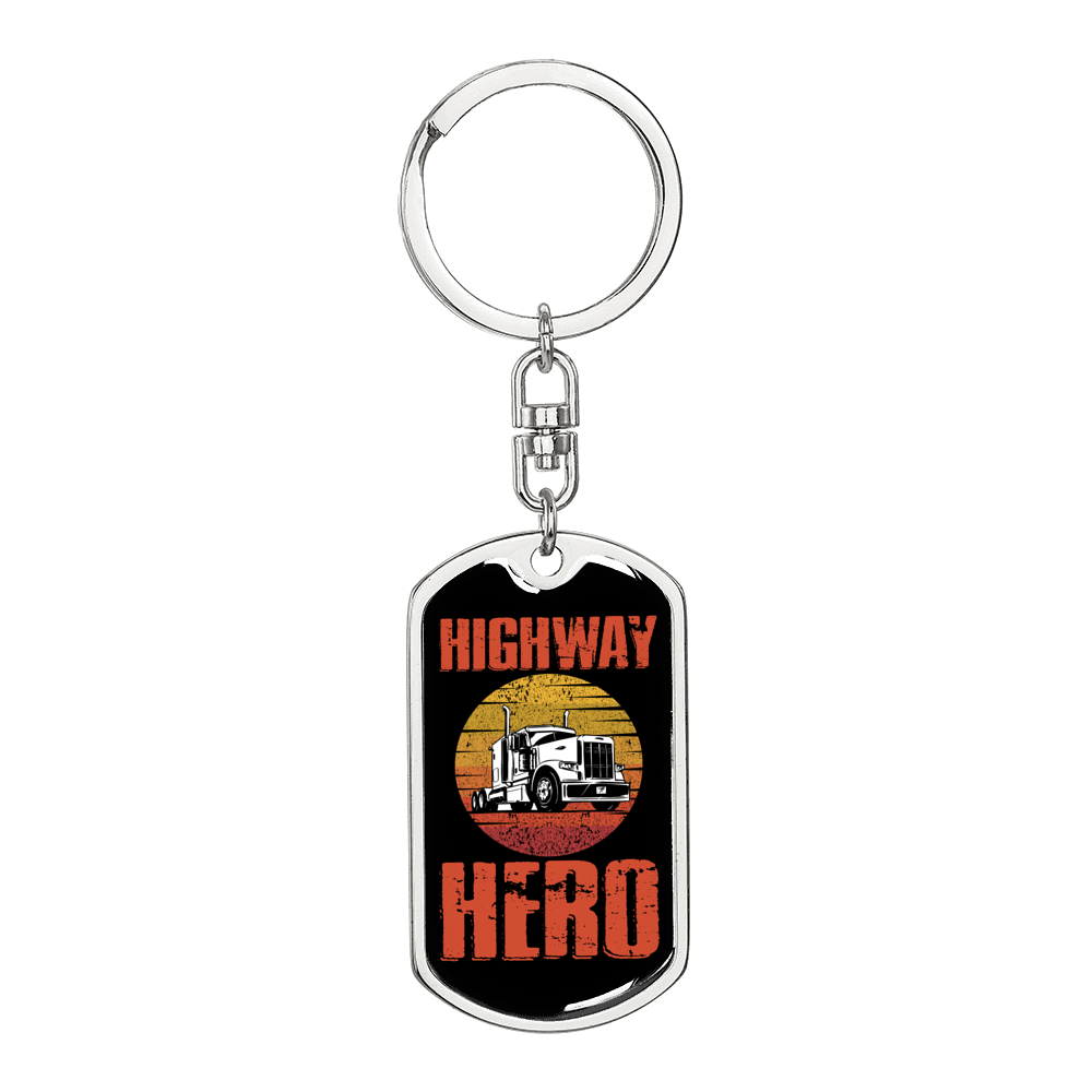 Highway Hero Swivel Trucker Keychain Dog Tag Stainless Steel or 18k Gold-Express Your Love Gifts