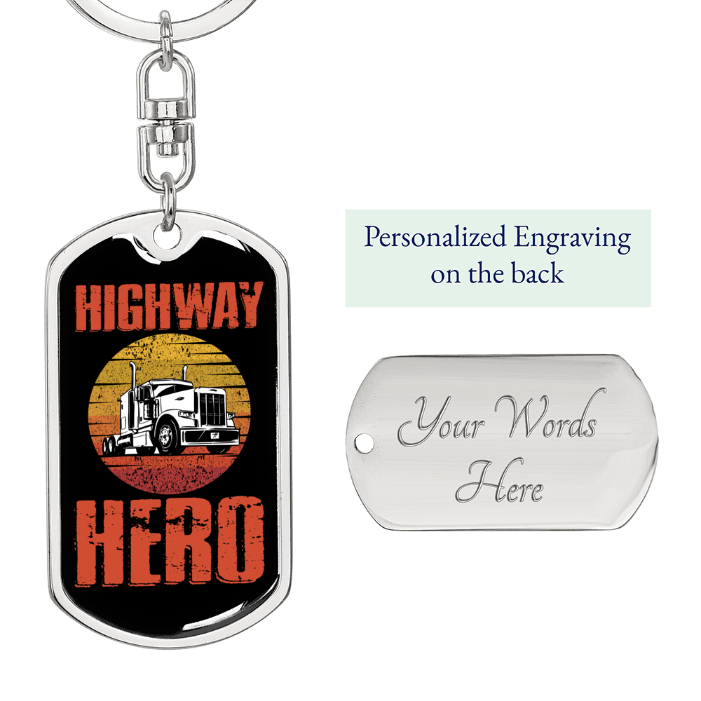 Highway Hero Swivel Trucker Keychain Dog Tag Stainless Steel or 18k Gold-Express Your Love Gifts