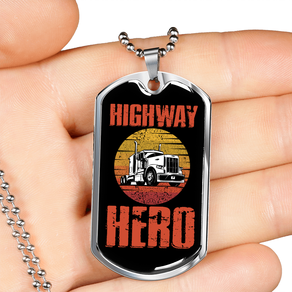Highway Hero Trucker Dog Tag Stainless Steel or 18k Gold 24" Chain-Express Your Love Gifts