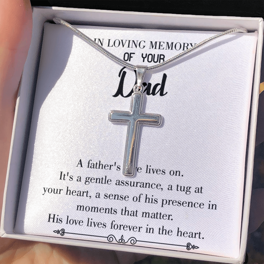 His Love Lives Forever Dad Memorial Gift Dad Memorial Cross Necklace Sympathy Gift Loss of Father Condolence Message Card-Express Your Love Gifts