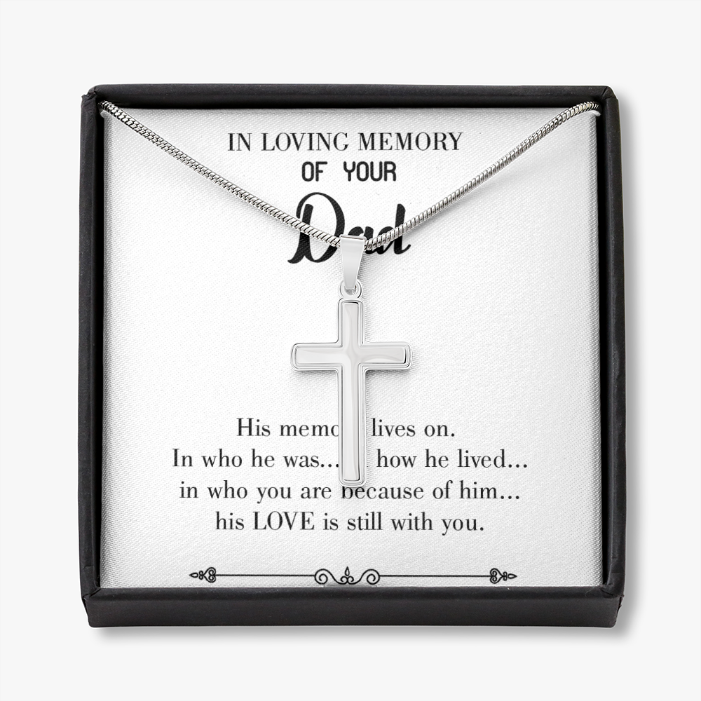 His Memory Lives Dad Memorial Gift Dad Memorial Cross Necklace Sympathy Gift Loss of Father Condolence Message Card-Express Your Love Gifts