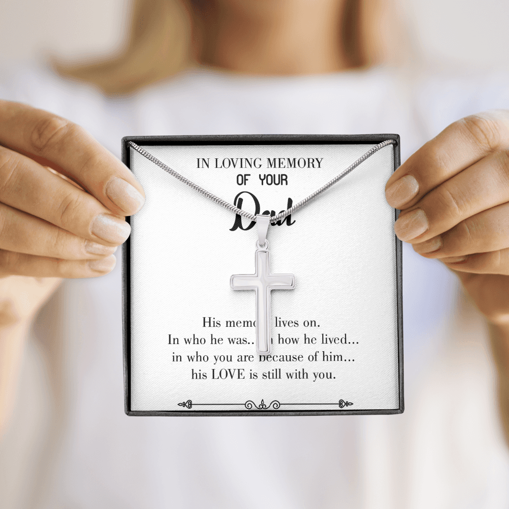 His Memory Lives Dad Memorial Gift Dad Memorial Cross Necklace Sympathy Gift Loss of Father Condolence Message Card-Express Your Love Gifts