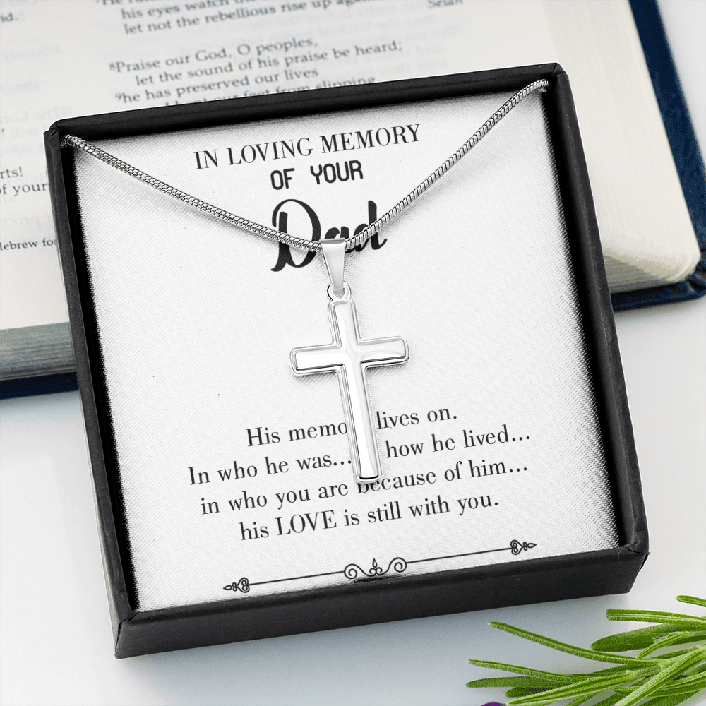 His Memory Lives Dad Memorial Gift Dad Memorial Cross Necklace Sympathy Gift Loss of Father Condolence Message Card-Express Your Love Gifts