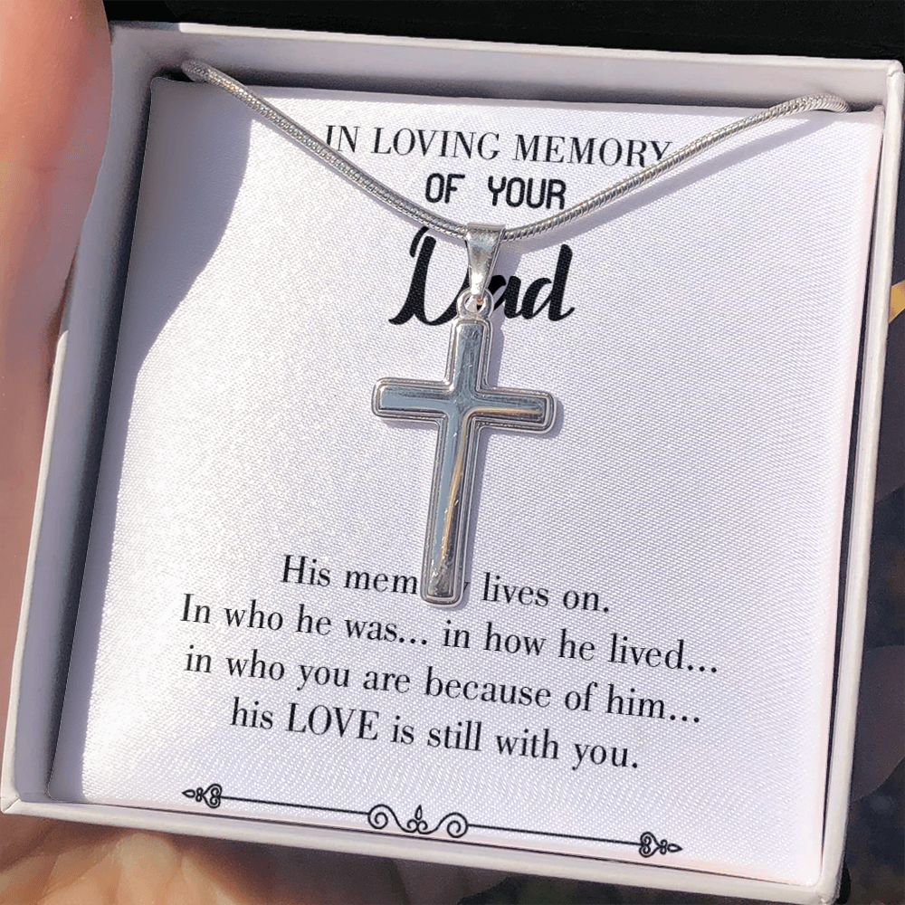 His Memory Lives Dad Memorial Gift Dad Memorial Cross Necklace Sympathy Gift Loss of Father Condolence Message Card-Express Your Love Gifts