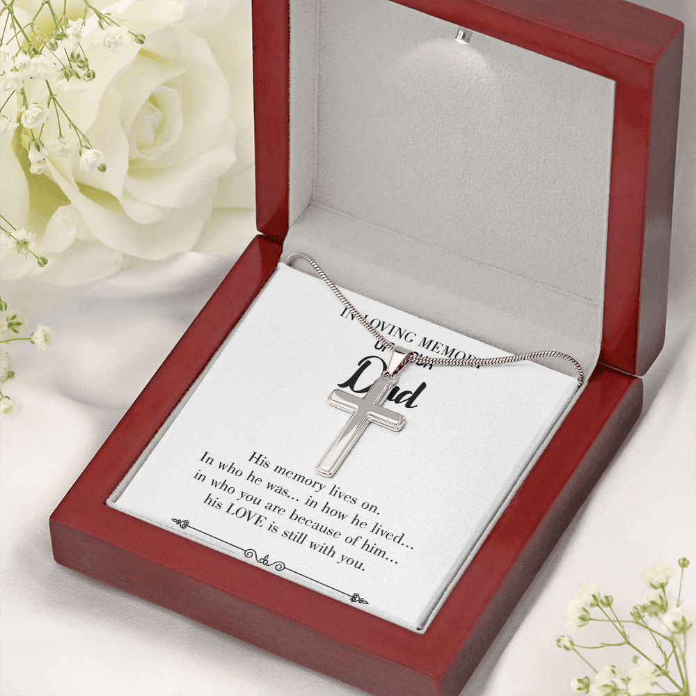 His Memory Lives Dad Memorial Gift Dad Memorial Cross Necklace Sympathy Gift Loss of Father Condolence Message Card-Express Your Love Gifts