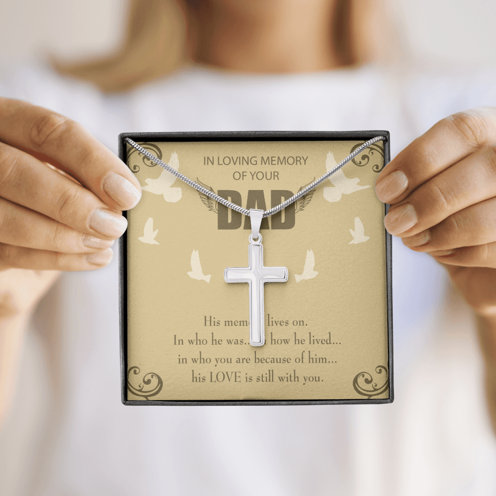 His Memory Lives On Dad Memorial Gift Dad Memorial Cross Necklace Sympathy Gift Loss of Father Condolence Message Card-Express Your Love Gifts