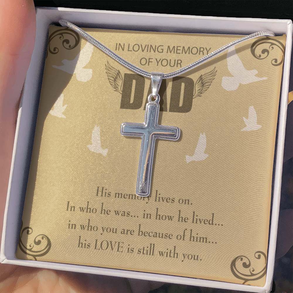 His Memory Lives On Dad Memorial Gift Dad Memorial Cross Necklace Sympathy Gift Loss of Father Condolence Message Card-Express Your Love Gifts