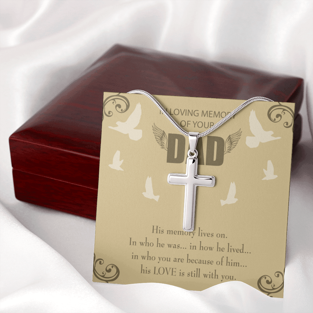 His Memory Lives On Dad Memorial Gift Dad Memorial Cross Necklace Sympathy Gift Loss of Father Condolence Message Card-Express Your Love Gifts