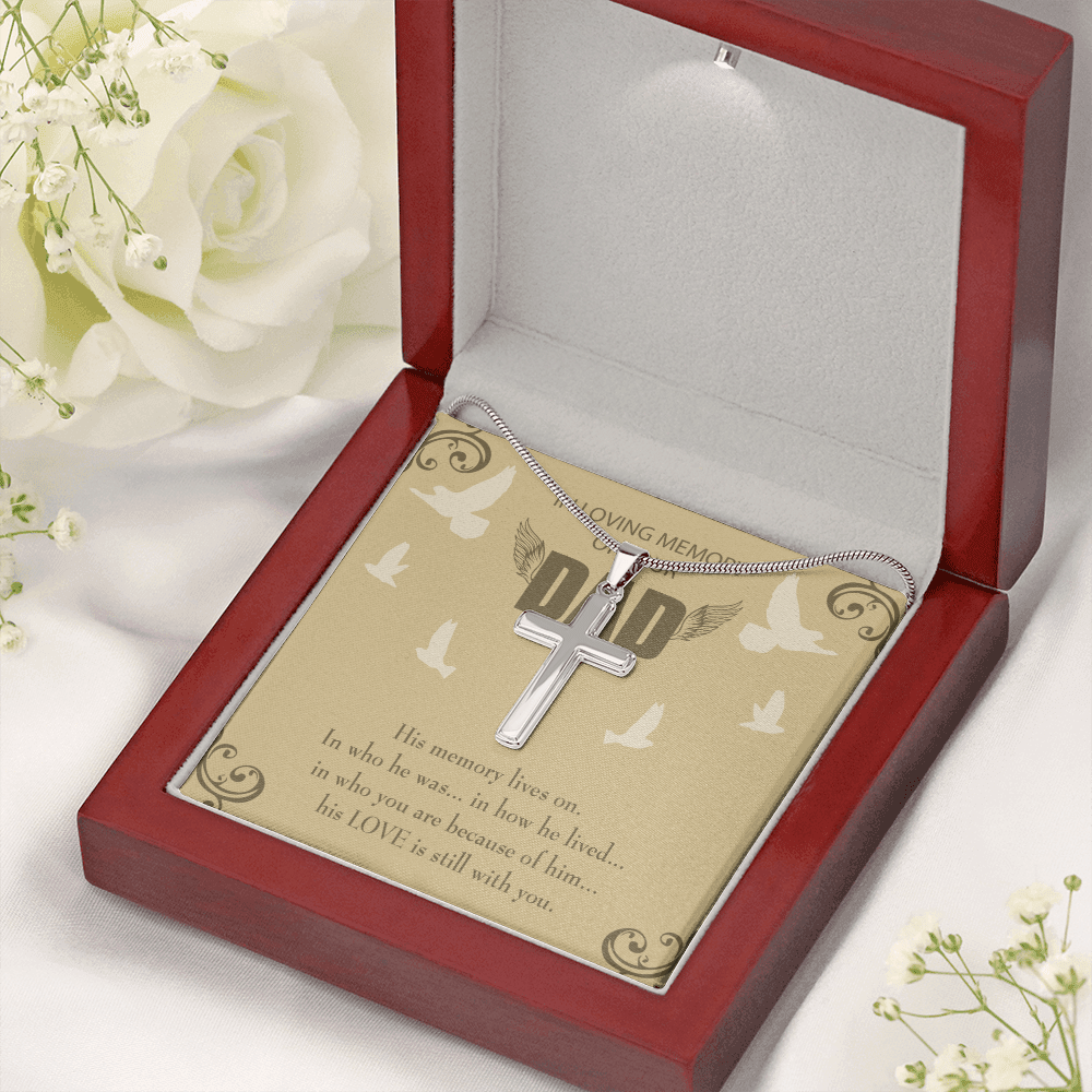 His Memory Lives On Dad Memorial Gift Dad Memorial Cross Necklace Sympathy Gift Loss of Father Condolence Message Card-Express Your Love Gifts