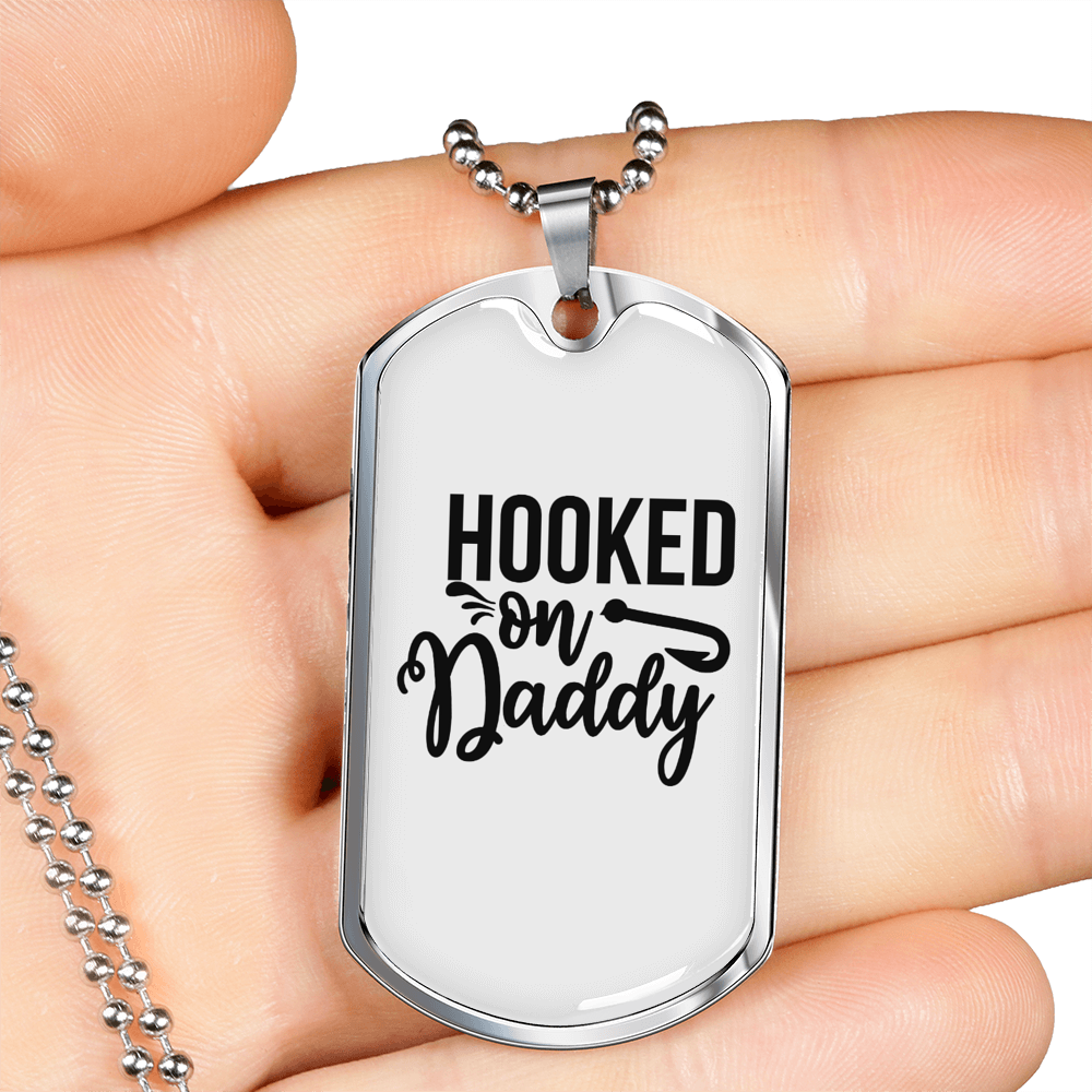 Hooked On Daddy Fishing Necklace Stainless Steel or 18k Gold Dog Tag 24" Chain-Express Your Love Gifts