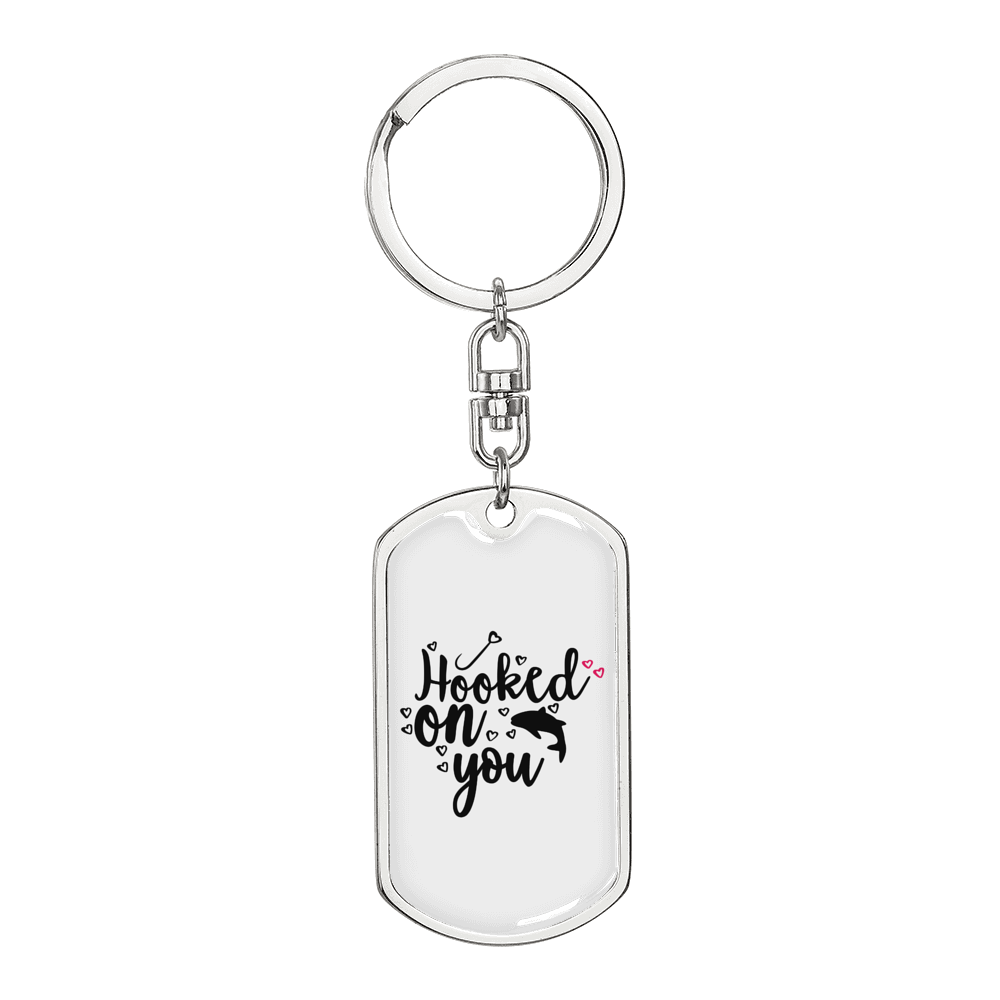 Hooked On You Fishing Keychain Stainless Steel or 18k Gold Dog Tag Keyring-Express Your Love Gifts