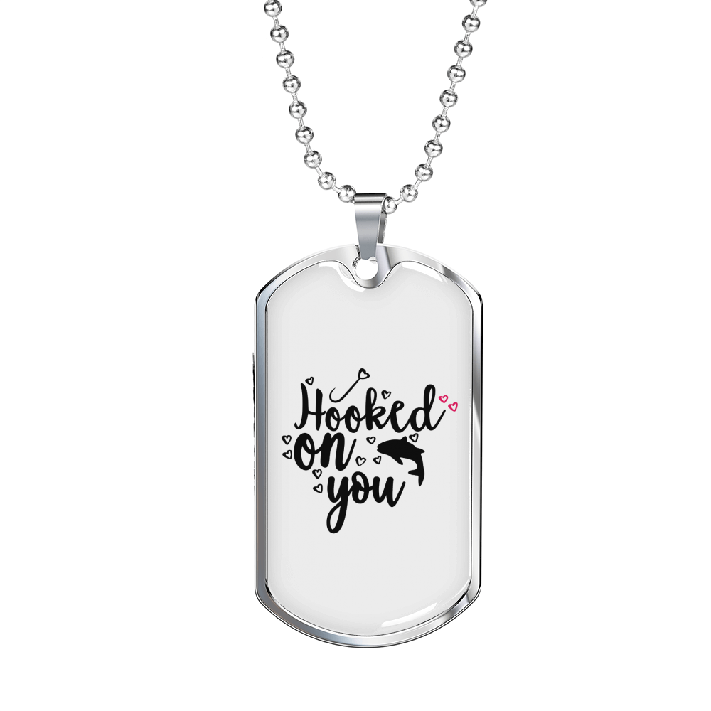 Hooked On You Fishing Necklace Stainless Steel or 18k Gold Dog Tag 24" Chain-Express Your Love Gifts