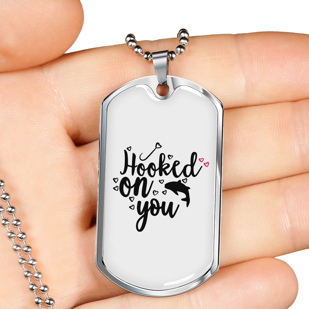 Hooked On You Fishing Necklace Stainless Steel or 18k Gold Dog Tag 24" Chain-Express Your Love Gifts