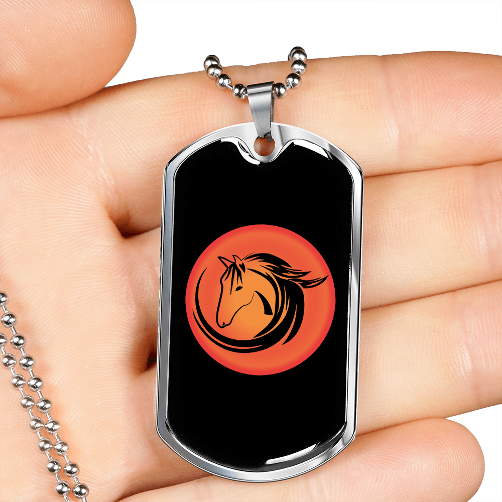Horse orange Circle Horse Necklace Stainless Steel or 18k Gold Dog Tag 24" Chain-Express Your Love Gifts