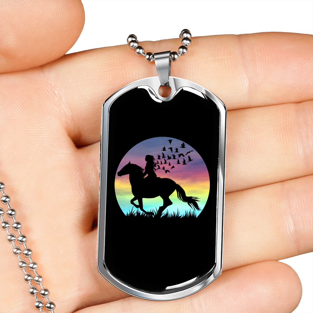 Horse Ride Horse Necklace Stainless Steel or 18k Gold Dog Tag 24" Chain-Express Your Love Gifts