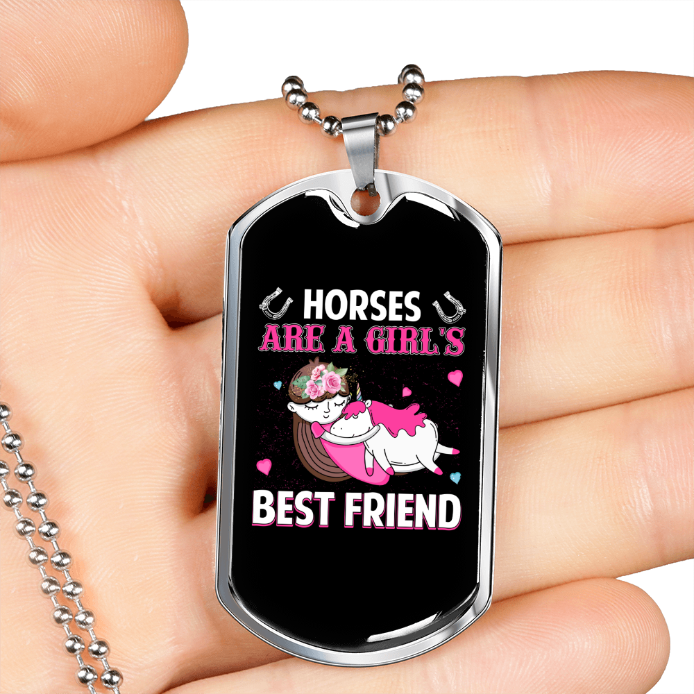 Horses Are a Girl's Best Friend Horse Necklace Stainless Steel or 18k Gold Dog Tag 24" Chain-Express Your Love Gifts