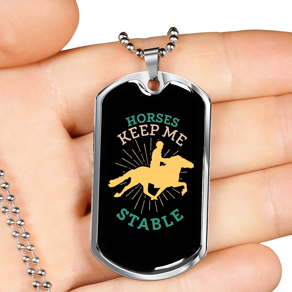 Horses Keep Me Stable Yellow Horse Necklace Stainless Steel or 18k Gold Dog Tag 24" Chain-Express Your Love Gifts
