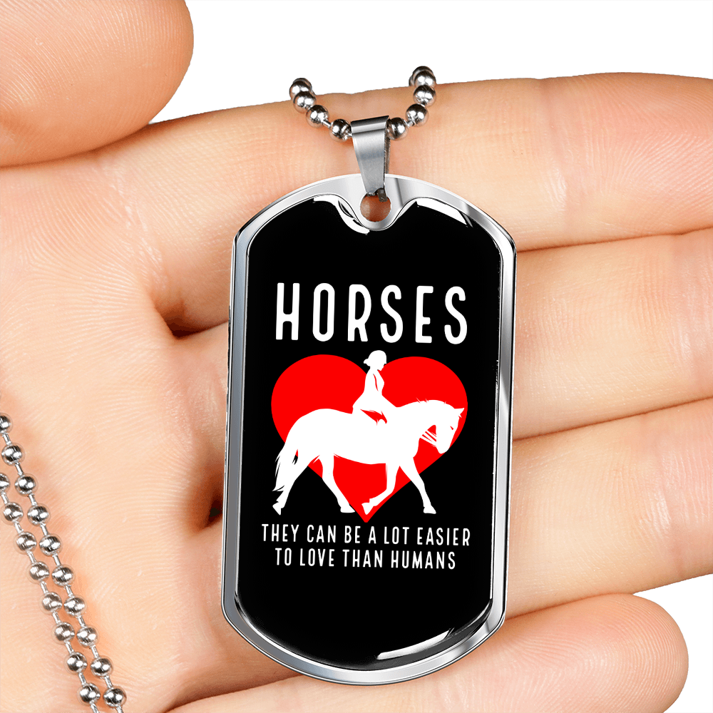 Horses Loves Humans Horse Necklace Stainless Steel or 18k Gold Dog Tag 24" Chain-Express Your Love Gifts