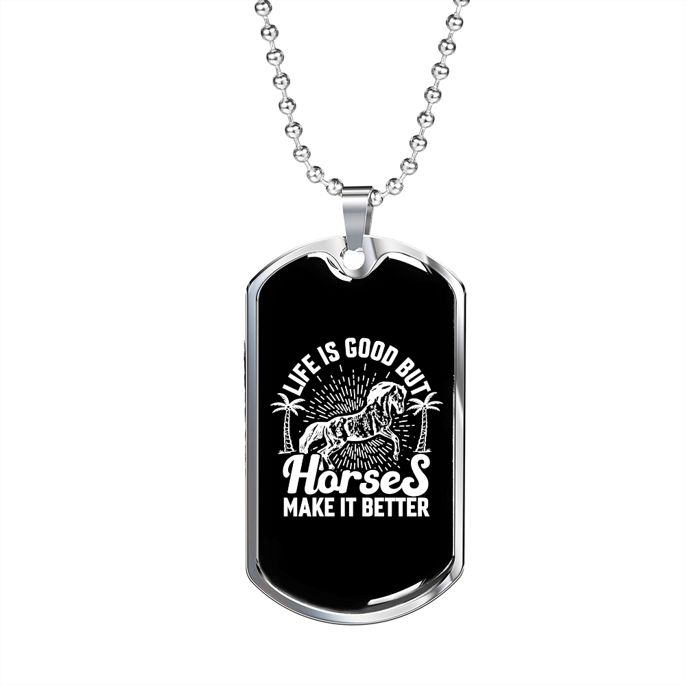 Horses Make Life Better Black and White Horse Necklace Stainless Steel or 18k Gold Dog Tag 24" Chain-Express Your Love Gifts