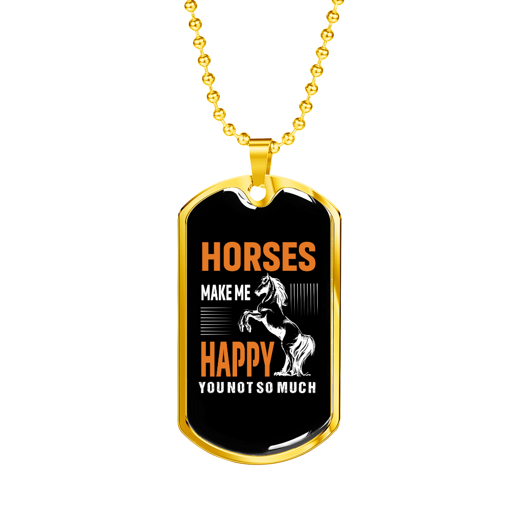 Horses Make Me Happy Yellow Horse Necklace Stainless Steel or 18k Gold Dog Tag 24" Chain-Express Your Love Gifts