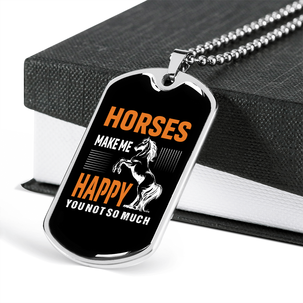 Horses Make Me Happy Yellow Horse Necklace Stainless Steel or 18k Gold Dog Tag 24" Chain-Express Your Love Gifts