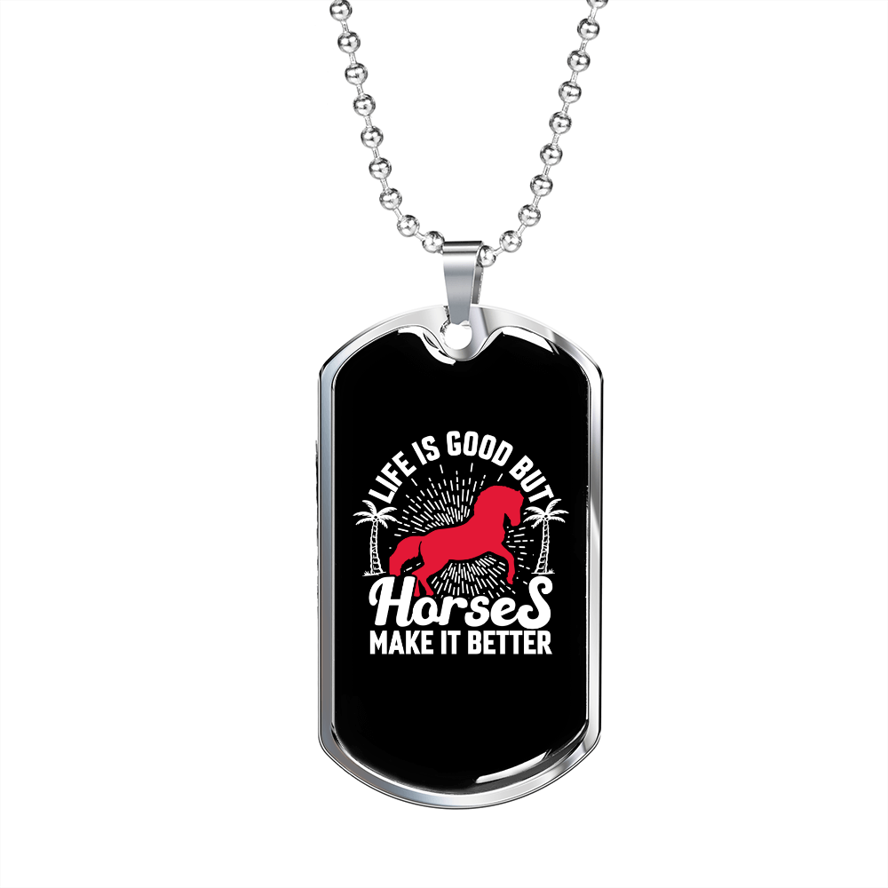 Horses Makes a Better Life Horse Pink Necklace Stainless Steel or 18k Gold Dog Tag 24" Chain-Express Your Love Gifts