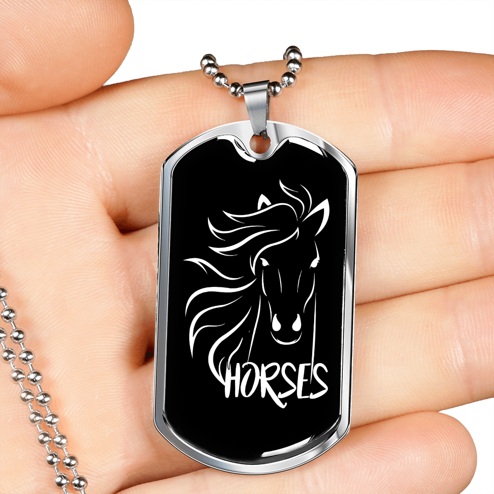 Horses White in Black Horse Necklace Stainless Steel or 18k Gold Dog Tag 24" Chain-Express Your Love Gifts