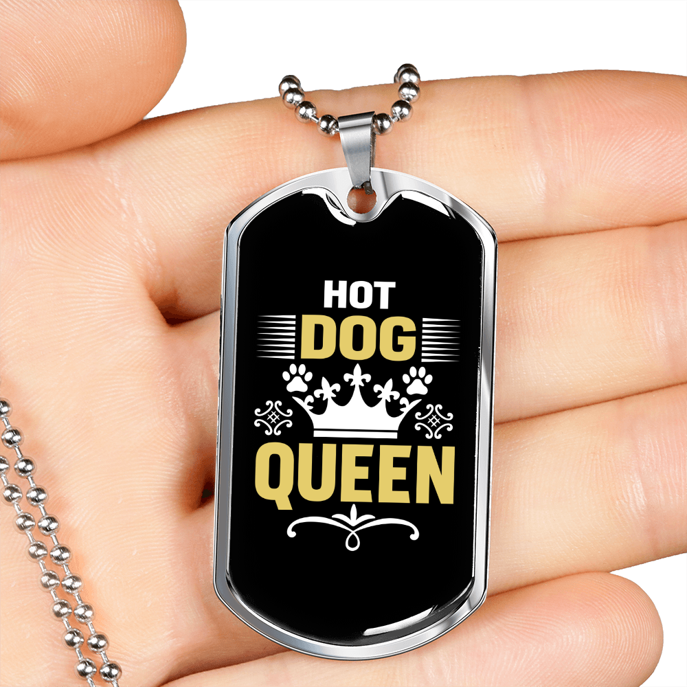 Hot Dog Queen Necklace Stainless Steel or 18k Gold Dog Tag 24" Chain-Express Your Love Gifts