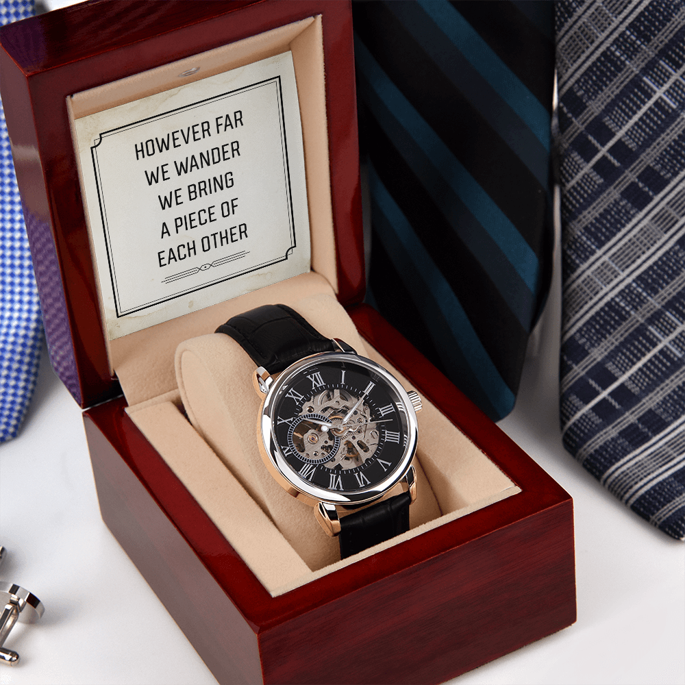 However Far We Wander Men's Openwork Watch With Message Card in Mahogany Box-Express Your Love Gifts