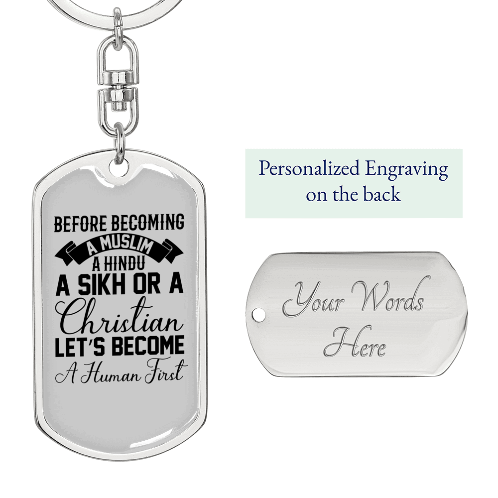 Human First Christian Keychain Stainless Steel or 18k Gold Dog Tag Keyring-Express Your Love Gifts