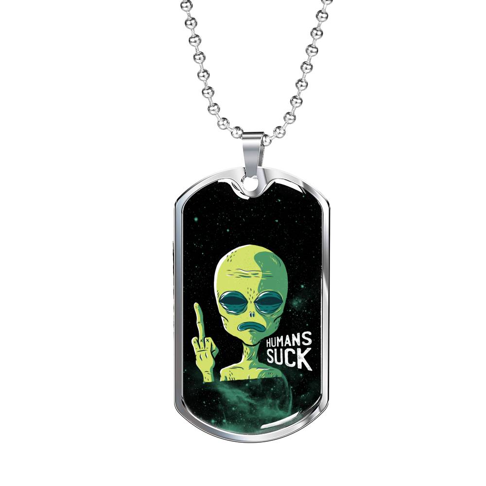 Humanssucksdogtag Necklace UFO Alien Fan Gift Stainless Steel or 18k Gold Dog Tag 24" Chain-Express Your Love Gifts