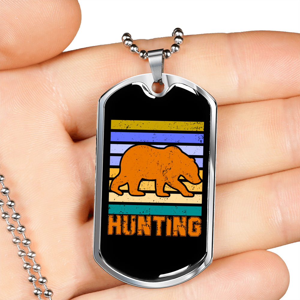 Hunting Bear Necklace Stainless Steel or 18k Gold Dog Tag 24"-Express Your Love Gifts