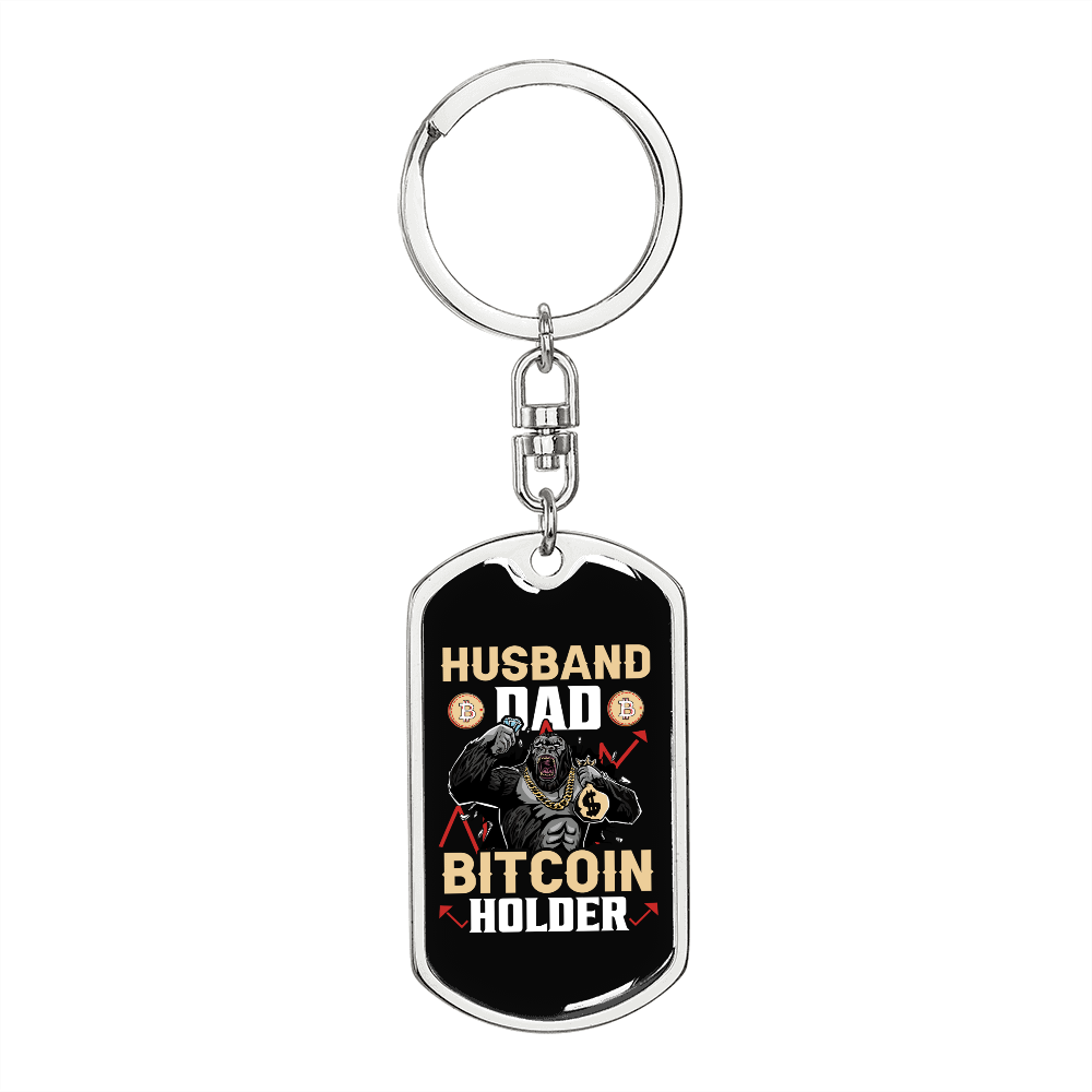 Husband Dad Bitcoin Holder Crypto Keychain Stainless Steel or 18k Gold Dog Tag Keyring-Express Your Love Gifts