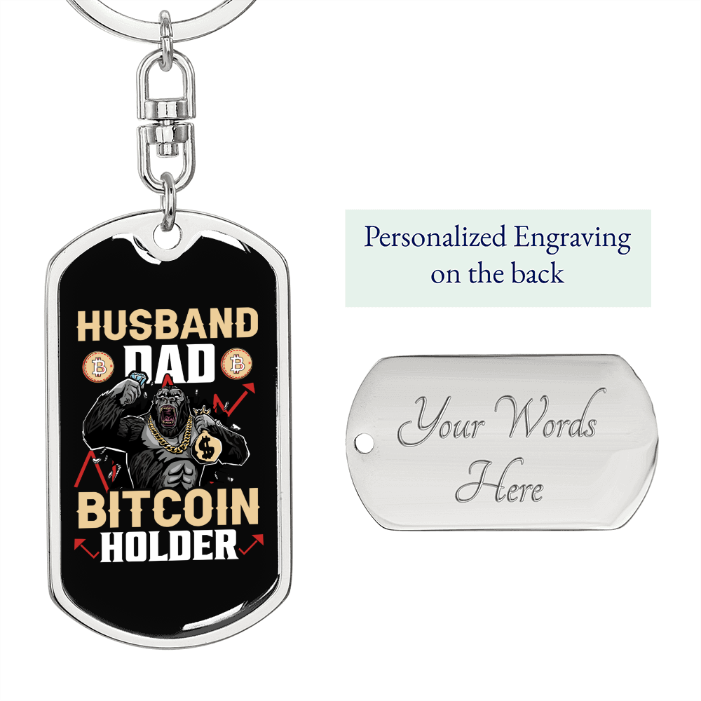 Husband Dad Bitcoin Holder Crypto Keychain Stainless Steel or 18k Gold Dog Tag Keyring-Express Your Love Gifts