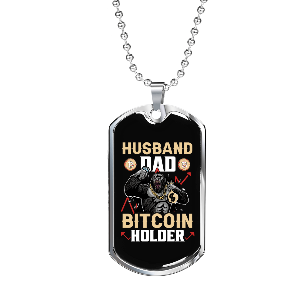 Husband Dad Bitcoin Holder Crypto Necklace Stainless Steel or 18k Gold Dog Tag 24" Chain-Express Your Love Gifts