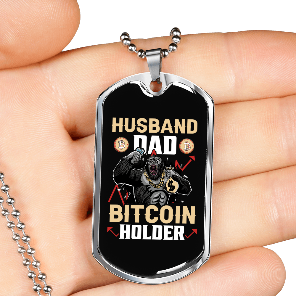 Husband Dad Bitcoin Holder Crypto Necklace Stainless Steel or 18k Gold Dog Tag 24" Chain-Express Your Love Gifts