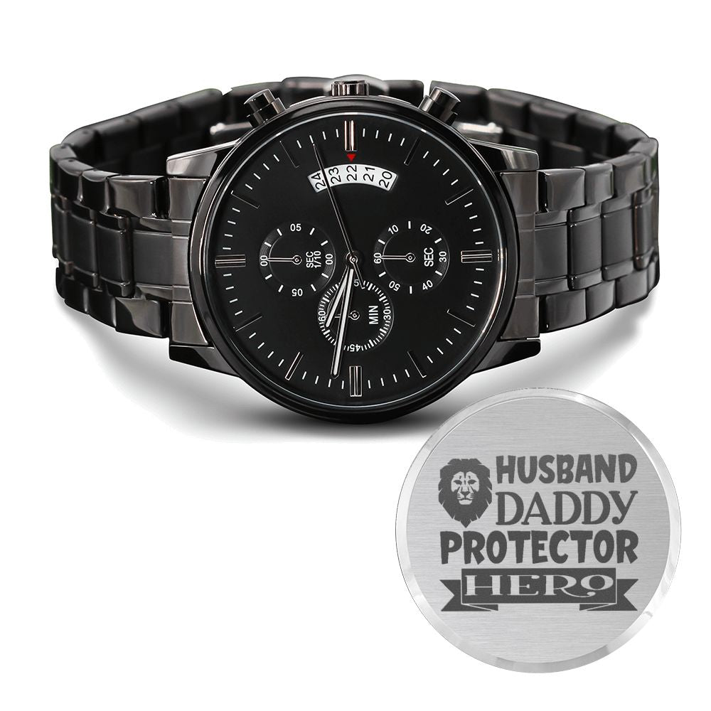 Husband Daddy Protector Hero Engraved Multifunction Analog Stainless Steel Chronograph Men's Watch W Copper Dial-Express Your Love Gifts