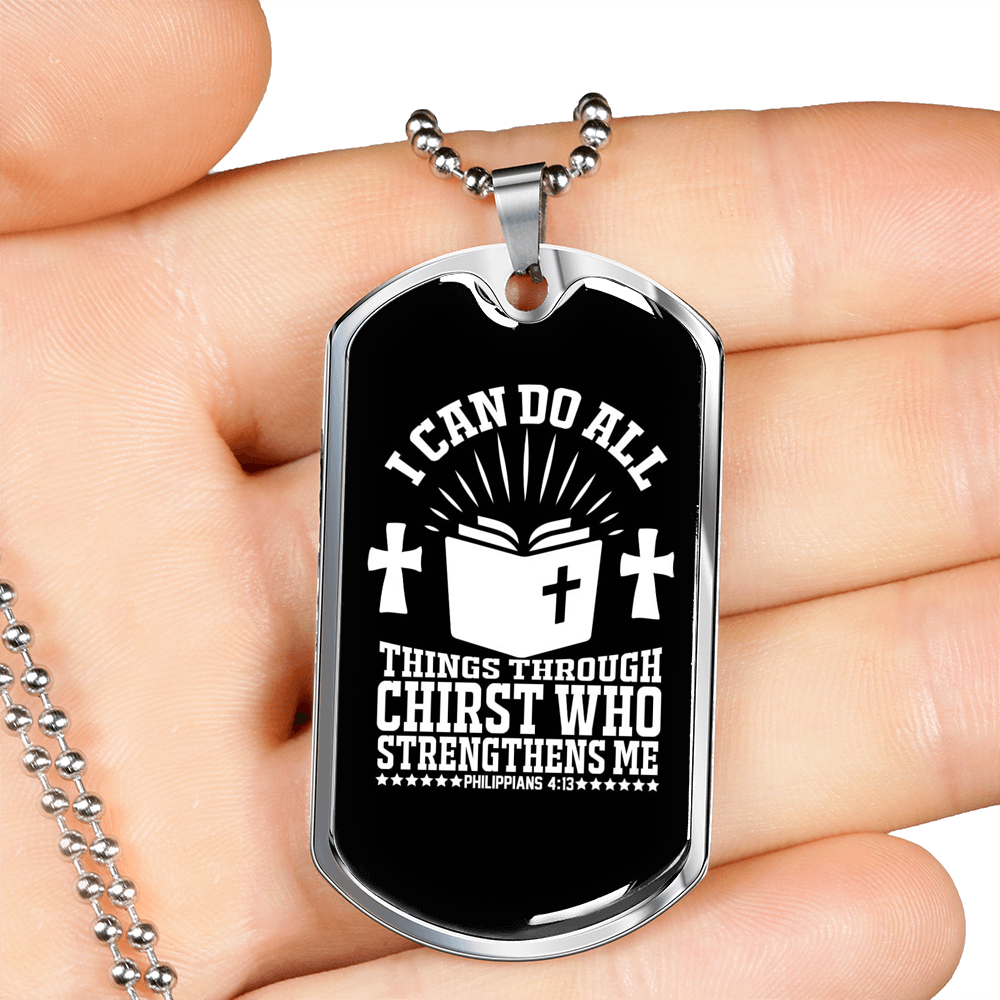 I Can Do All Philippians 4:13 Necklace Stainless Steel or 18k Gold Dog Tag 24"-Express Your Love Gifts