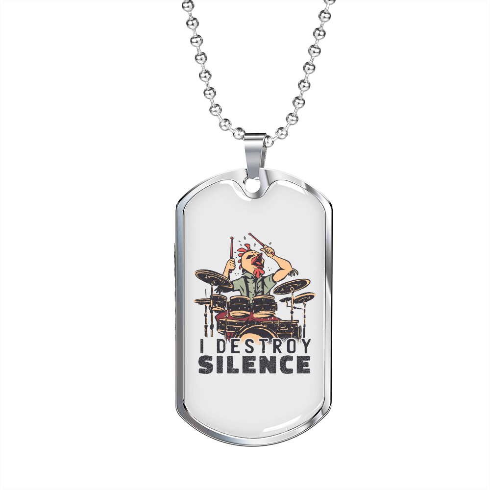 I Destroy Silence Drummer Necklace Stainless Steel or 18k Gold Dog Tag 24" Chain-Express Your Love Gifts