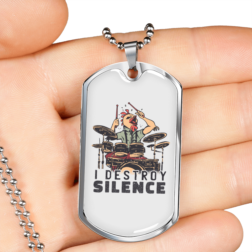 I Destroy Silence Drummer Necklace Stainless Steel or 18k Gold Dog Tag 24" Chain-Express Your Love Gifts